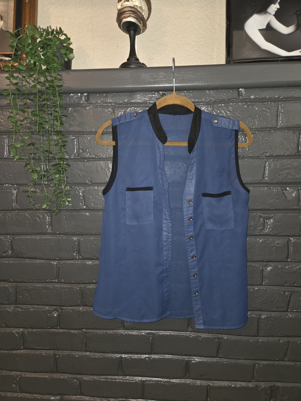 mine Blue Sleeveless Button-Front Tunic with Black Trim
